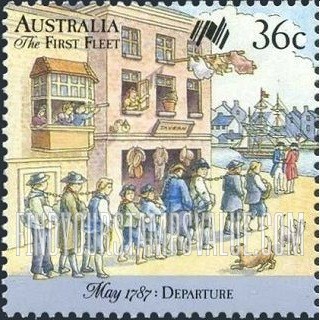 FindYourStampsValue: First Fleet Leaving England: Convicts awaiting transportation