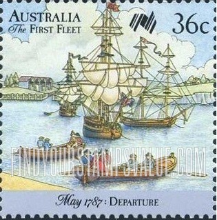 FindYourStampsValue: First Fleet Leaving England: Longboats heading from and to fleet
