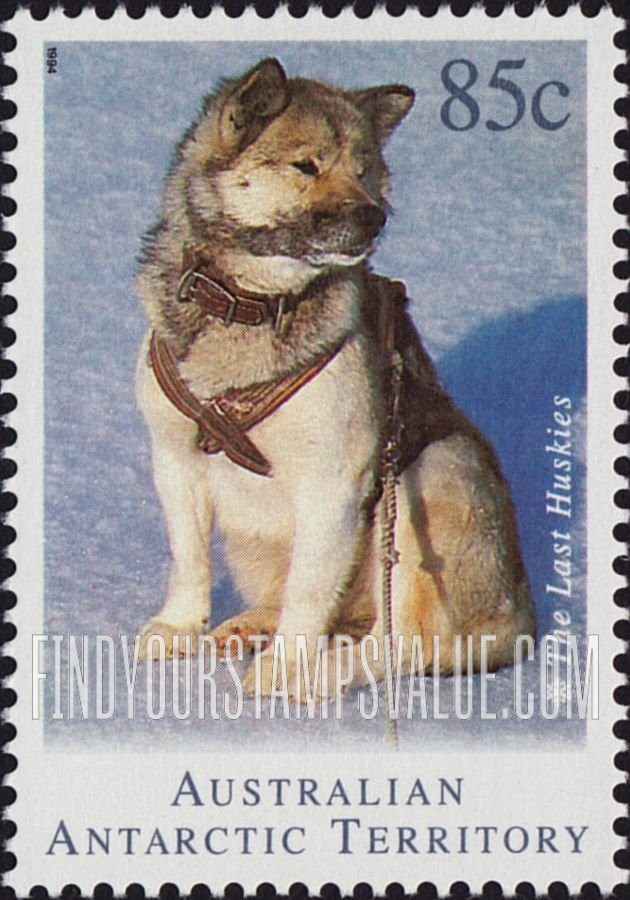 FindYourStampsValue: AUSTRALIAN ANTARCTIC TERRITORY - The Last Huskies: Dog seated, vertical