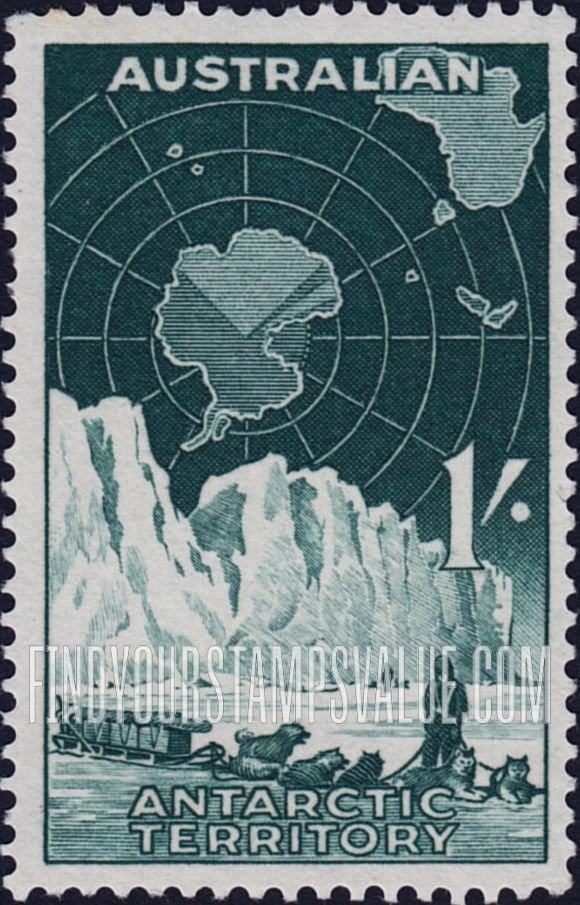 FindYourStampsValue: AUSTRALIAN ANTARCTIC TERRITORY: Dog team and iceberg, vertical