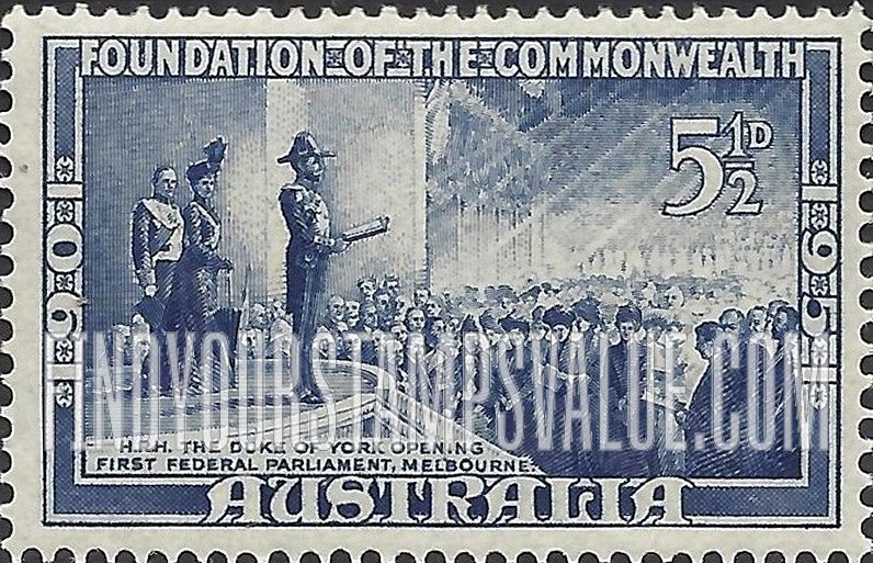 FindYourStampsValue: Founding of the Commonwealth of Australia, 50th Anniversary: Duke of York opening first Federal Parliament