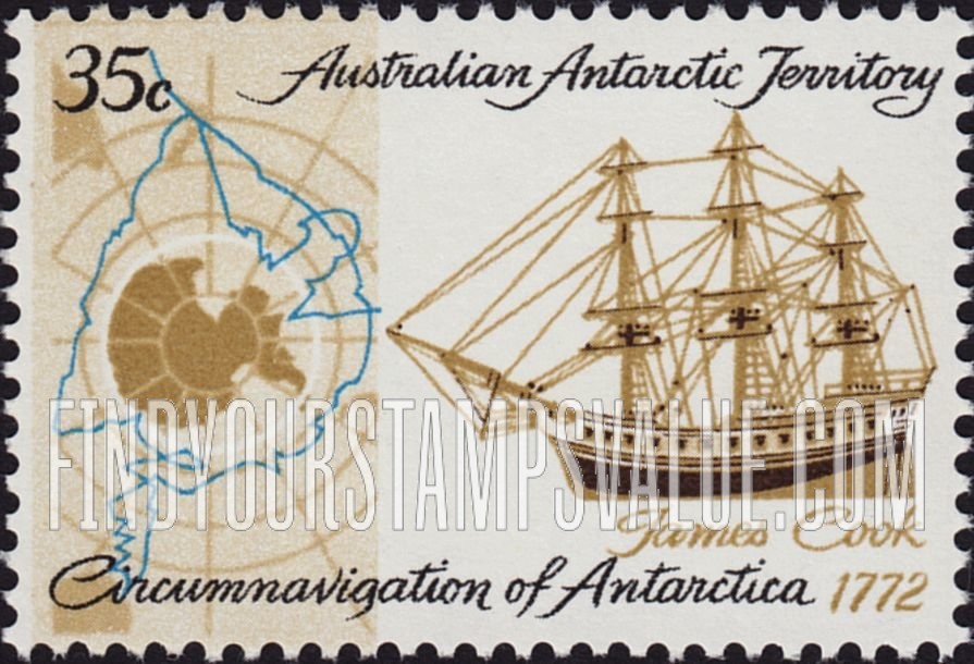 FindYourStampsValue: AUSTRALIAN ANTARCTIC TERRITORY: Chart of Cook’s circumnavigation of Antarctica, and “Resolution”