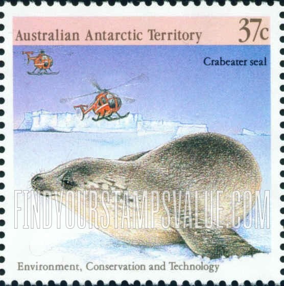FindYourStampsValue: AUSTRALIAN ANTARCTIC TERRITORY - Environment, Conservation and Technology: Crabeater seal and helicopters