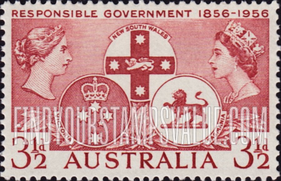 FindYourStampsValue: Queen Victoria, Queen Elizabeth II and Badges of Victoria, New South Wales and Tasmania