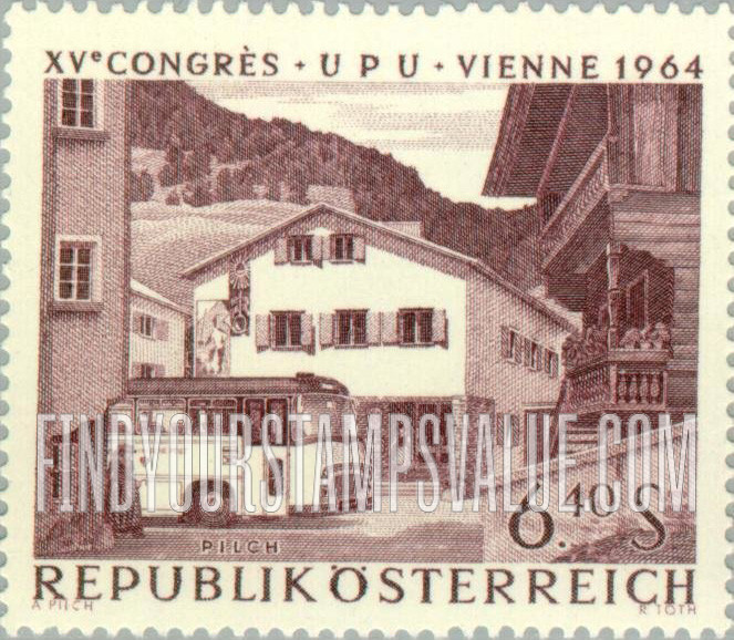 FindYourStampsValue: “The Post in Art”: Saalbach Post Office, by Adalbert Pilch