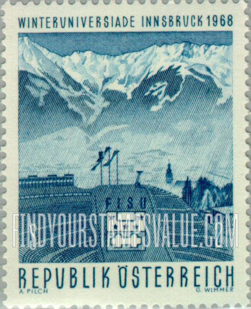 FindYourStampsValue: Innsbruck Stadium, Alps and FISU Emblem
