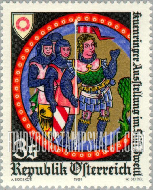 FindYourStampsValue: Kuenringer Exhibition, Zwettl Monastery: Azzo (founder of House of Kuenringer) and his followers, bear-skin manuscript