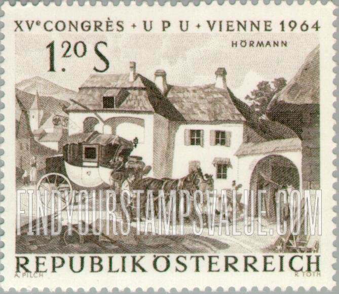 FindYourStampsValue: “The Post in Art”: Changing Horses at Relay Station, by Julius Hörmann