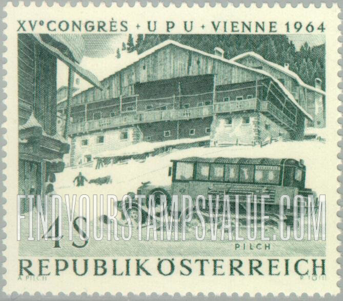 FindYourStampsValue: “The Post in Art”: Postal Sleigh (Truck) in the Mountains, by Adalbert Pilch