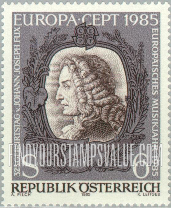 FindYourStampsValue: Europa 1985: Johann Joseph Fux (1660-1741), Composer, Violin and Trombone