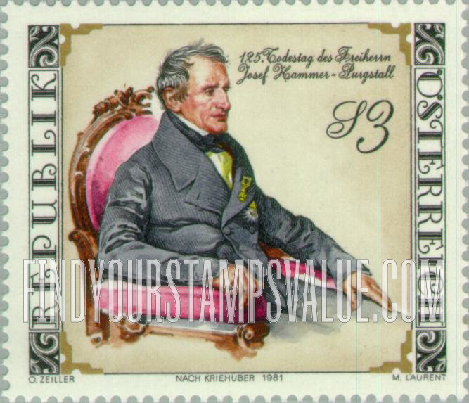FindYourStampsValue: Baron Josef Hammer-Purgstall, Founder of Oriental Studies, 125th Death Anniversary