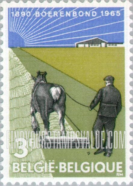 FindYourStampsValue: Belgian Farmers’ Association (Boerenbond), 75th Anniversary: Farmer with horse-drawn roller