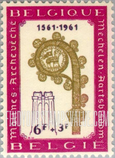 FindYourStampsValue: Semi-Postal: Tower and crosier, symbolic of collaboration between Malines and the Archbishopric