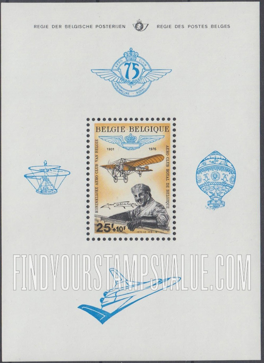 FindYourStampsValue: Semi-Postal: Jan Olieslagers, Bleriot Monoplane, Aero Club Emblem