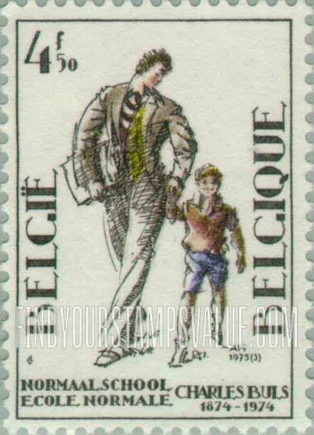 FindYourStampsValue: Charles Buls Normal School for Boys, Brussels, Centenary: School emblem, man Leading boy