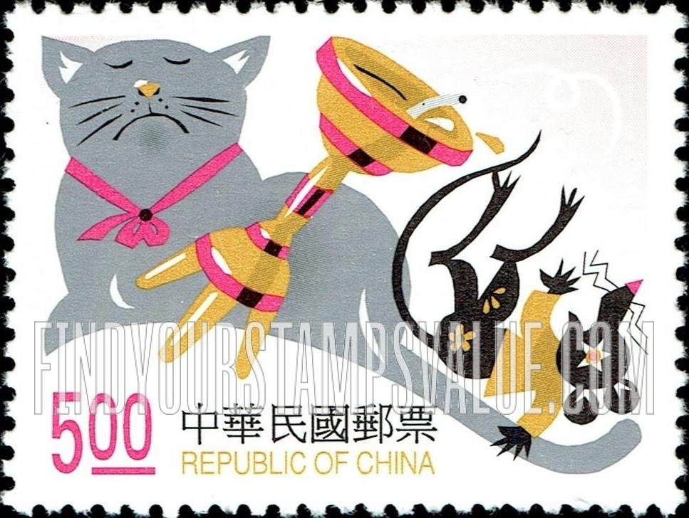 FindYourStampsValue: Children’s Folk Rhymes: “A Little Mouse Climbs an Oil Lamp" - 童谣 (儿童的民谣): 小老鼠，上灯台，偷油吃，下不来，叫妈妈，妈不来，猫来了，叽哩咕噜滚下来 (小老鼠上灯台)