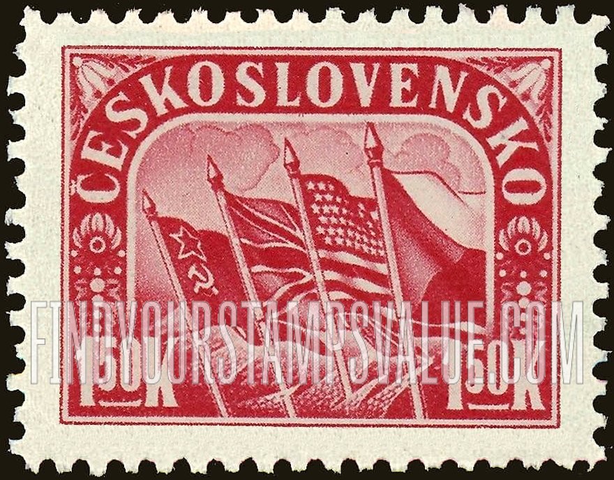 FindYourStampsValue: Flags of Russia, Great Britain, US and Czechoslovakia