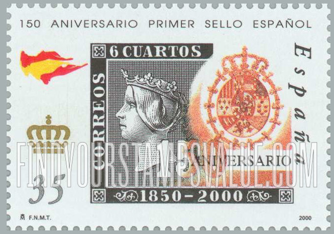 FindYourStampsValue: Spanish Postage Stamps, 150th Anniversary: 150th anniversary emblem, altered 6c design Queen Isabella II