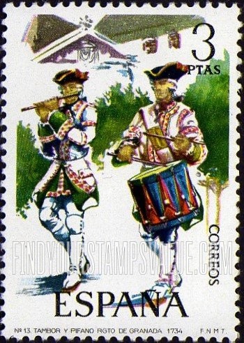 FindYourStampsValue: Uniforms: Piper and drummer, Granada Regiment, 1734