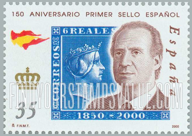 FindYourStampsValue: Spanish Postage Stamps, 150th Anniversary: King Juan Carlos, altered 6r design Queen Isabella II