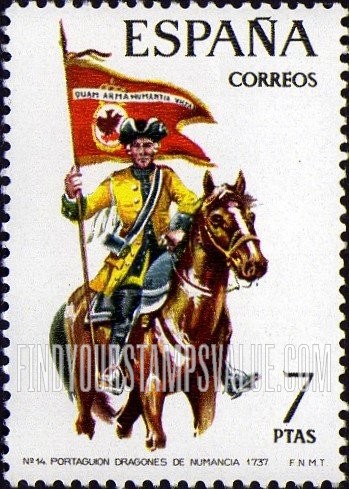 FindYourStampsValue: Uniforms: Mounted standard-bearer, Numancia Dragoons, 1737