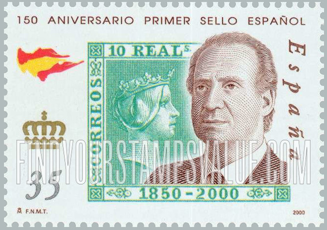 FindYourStampsValue: Spanish Postage Stamps, 150th Anniversary: King Juan Carlos, altered 10r design Queen Isabella II