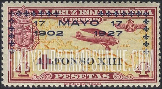 FindYourStampsValue: Semi-Postal: Coronation Silver Jubilee, Airplane and Map of Madrid-Manila Flight