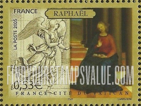 FindYourStampsValue: The Annunciation, by Raphael: Drawing of Angel, painting of Virgin Mary