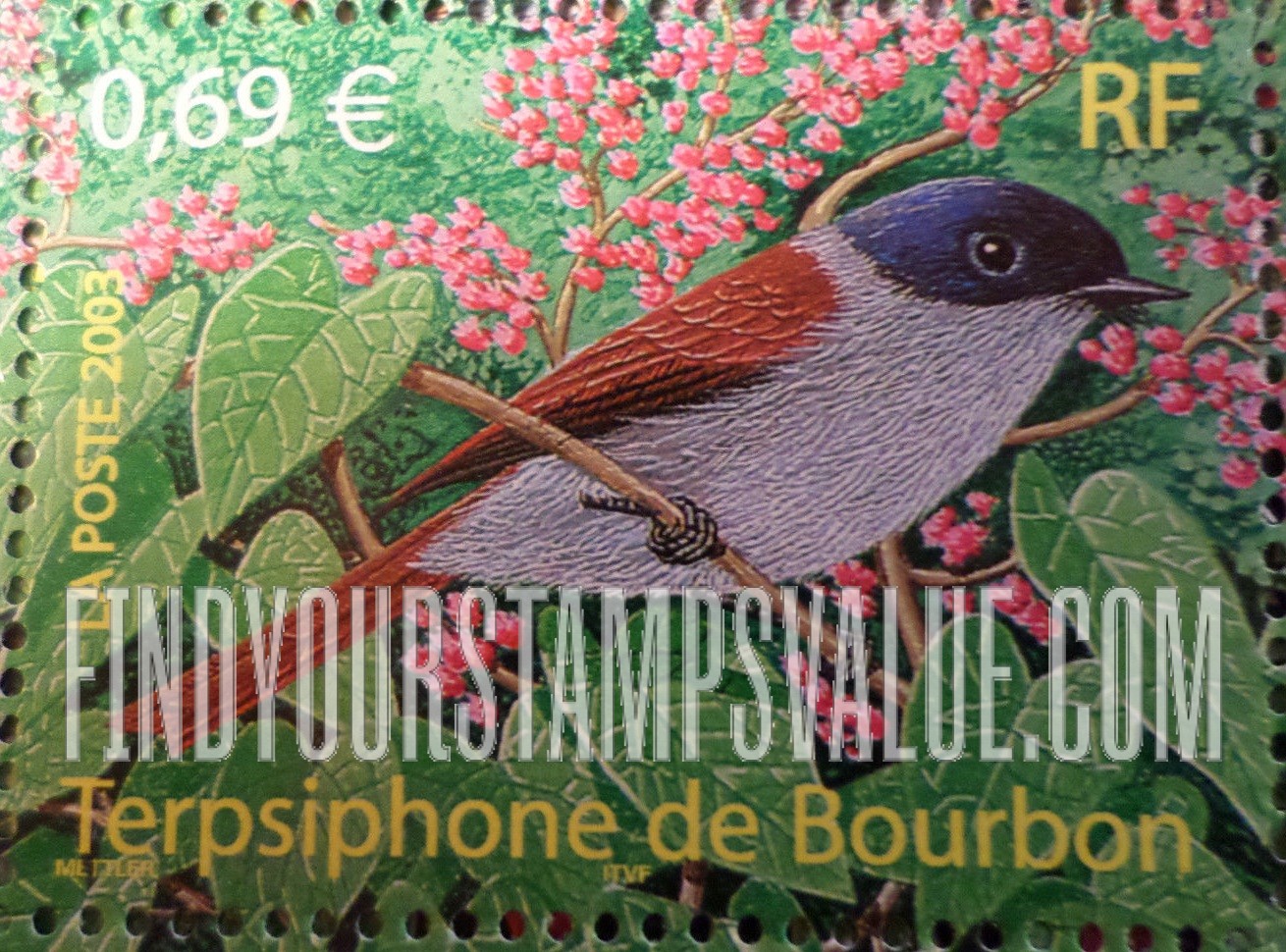FindYourStampsValue: Birds: Terpsiphone de Bourbon (Terpsiphone bourbonnensis)