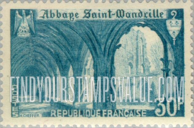 FindYourStampsValue: Cloister of St. Wandrille Abbey: Abbey Type of 1949
