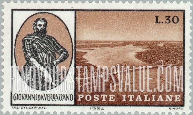 FindYourStampsValue: Giovanni da Verrazano and Verrazano-Narrows Bridge, New York Bay