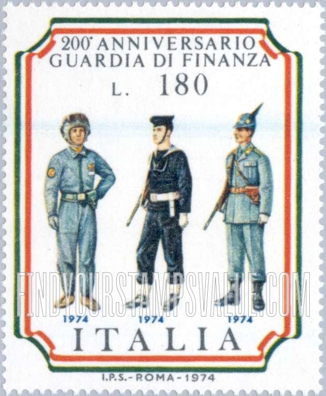 FindYourStampsValue: Uniforms of Customs Service: Helicopter pilot, Naval and Alpine Guards, 1974