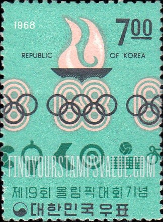 FindYourStampsValue: Olympic Flame, "68" and Symbols of Various Sport Events - 올림픽 성화, "68", 다양한 운동경기의 상징
