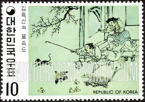 FindYourStampsValue: Farmyard Scene by Kim Deuk-shin - 김득신의 야묘도추