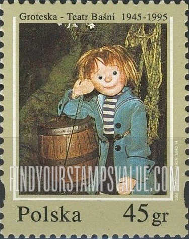 FindYourStampsValue: Groteska Theatre of Fairy Tales, 50th Anniversary: Puppet leaning on barrel, vertical