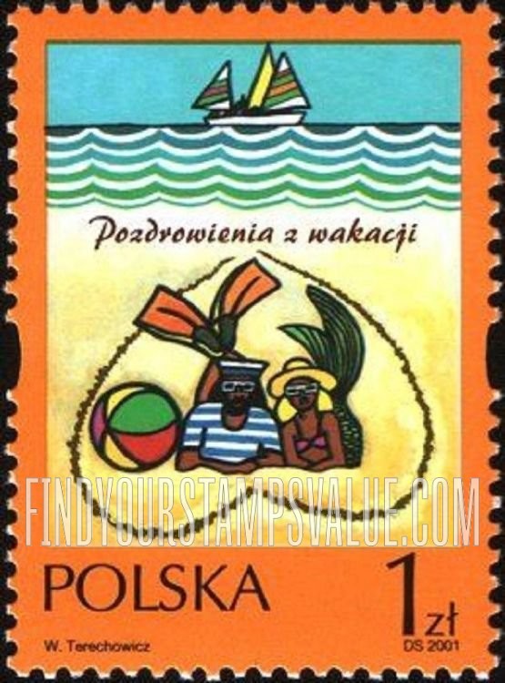 FindYourStampsValue: Greetings: Vacation greetings (merman and mermaid at beach)