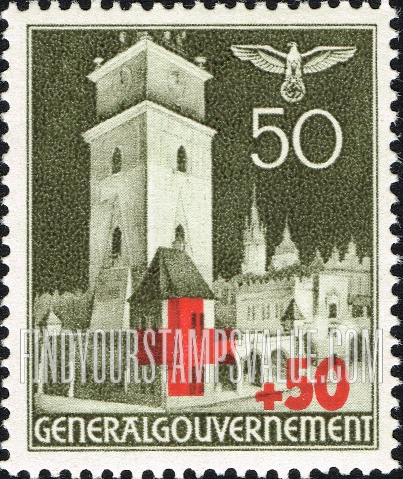FindYourStampsValue: OCCUPATION SEMI-POSTAL - Types of 1940 Occupation Postage Stamps Surcharged in Red: Court House, Cracow