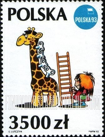FindYourStampsValue: Illustrations by Edward Lutczyn: Girl with ladder, wind-up giraffe with keys on back