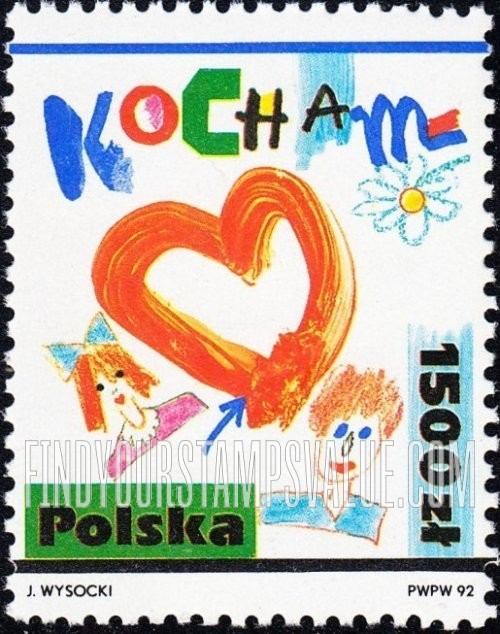 FindYourStampsValue: Children’s Drawings of Love: Heart between woman and man