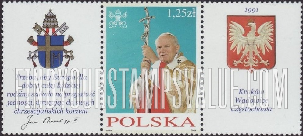 FindYourStampsValue: Visits to Poland by Pope John Paul II: Wearing gold stole, holding crucifix