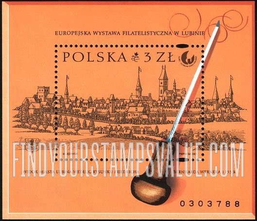 FindYourStampsValue: Euro Cuprum 2001 Philatelic Exhibition, Lubin: Engraver’s burin, view of Lubin, 18th centennial