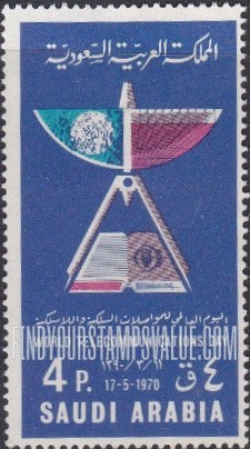 FindYourStampsValue: Open book and satellite earth receiving station: World telecommunications day, 17-05-1970 - كتاب مفتوح ومحطة أرضية: اليوم العالمي للمواصلات السلكية واللاسلكية، 11-3-1390
