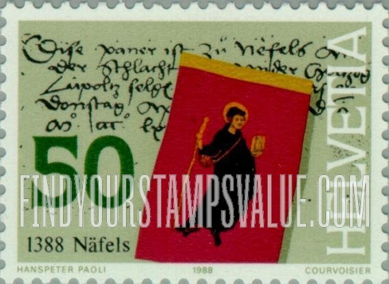 FindYourStampsValue: Federal Administration, Battle of Naefels, 600th Anniversary: Banner of St. Fridolin, medieval manuscript