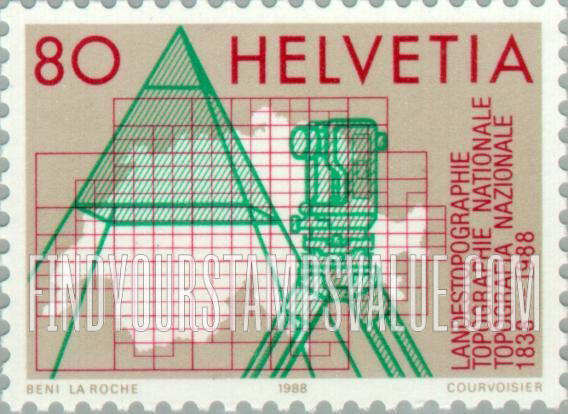 FindYourStampsValue: Federal Administration, Federal Topography Office, 150th Anniversary: Triangulation pyramid, theodolite, map