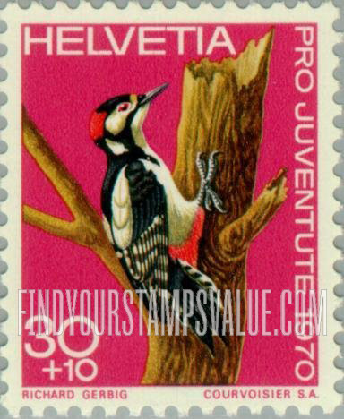 FindYourStampsValue: Semi-Postal, Birds: Greater spotted woodpecker