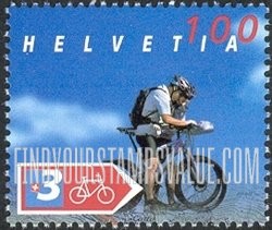FindYourStampsValue: Federal Administration, Cycling: Cyclists and marker for Route 3