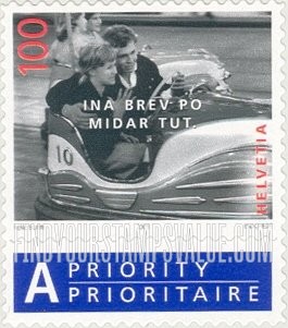 FindYourStampsValue: Federal Administration, Photographs by René Burri: Man and woman in bumper car, Romansch inscription