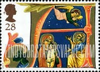FindYourStampsValue: Great Britain (United Kingdom): Christmas, Illuminated Letters from Venetian Manuscript "Acts of Mary and Jesus" - "A", Angel warning Joseph