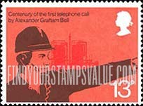 FindYourStampsValue: Great Britain (United Kingdom): Centenary of the First Telephone Call by Alexander Graham Bell - Refinery Worker making Field Call