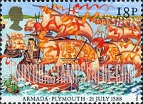 FindYourStampsValue: Great Britain (United Kingdom): Defeat of the Spanish Armada by the Royal Navy, 400th Anniversary - Royal Navy Vessels sailing from Plymouth to Engage Spaniards in Battle, July 21, 1588